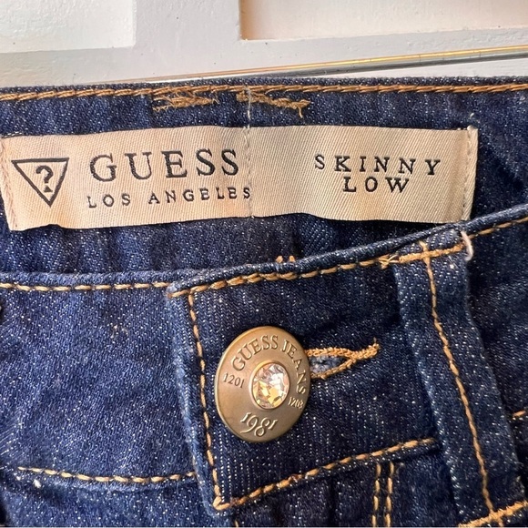 Guess Girls Size 10 Distressed Glitter Bling Rhinestone Skinny Low Blue Jeans - Picture 5 of 11